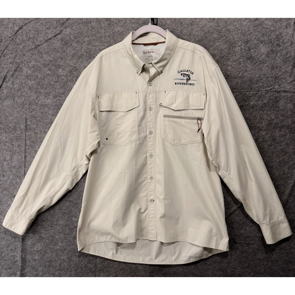 Simms COR3‎ Fishing Shirt Mens Sz XL Cream Beige Vented Pockets Roll Tab LOGO - Picture 1 of 7